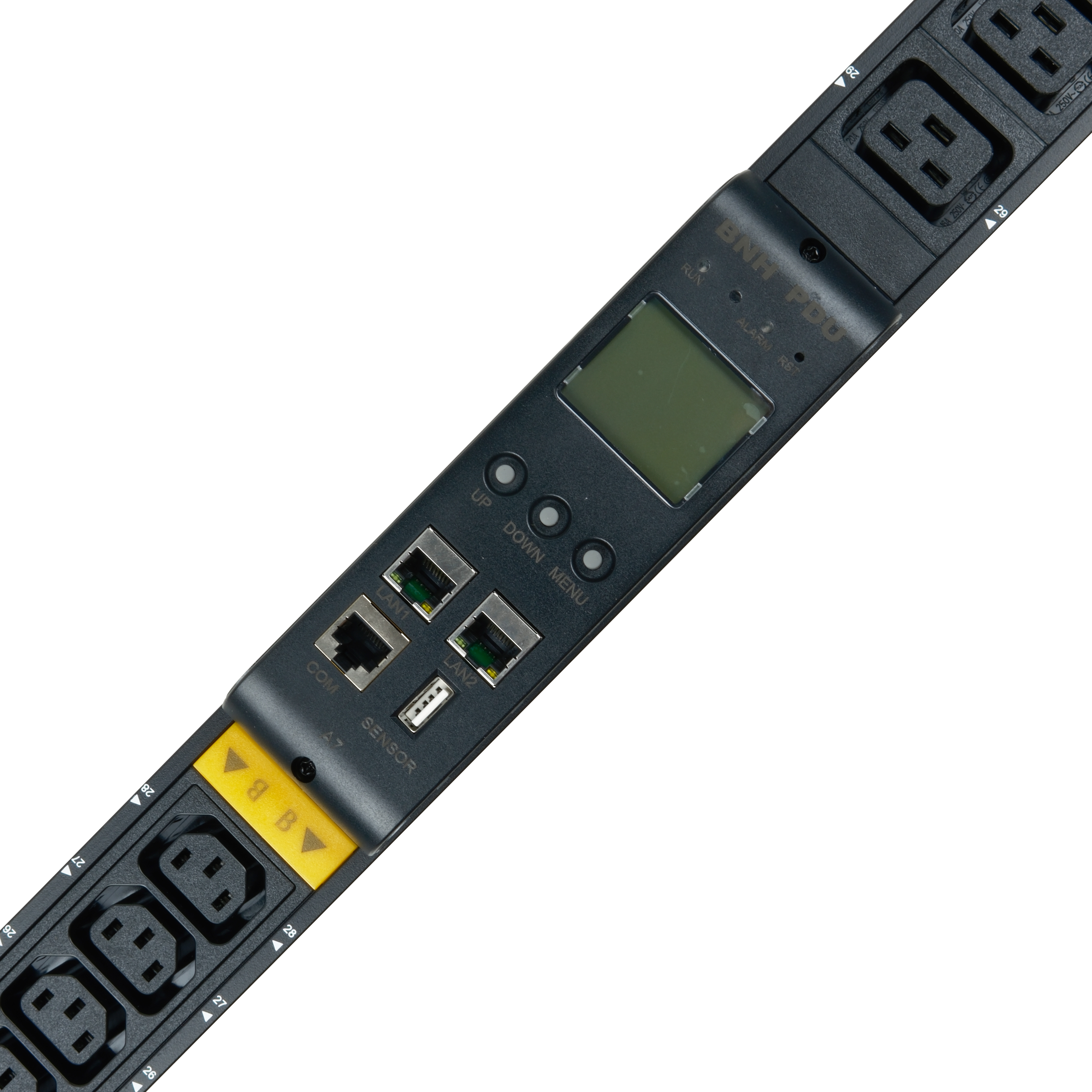 Блок распределения питания BNH B800.M, IEC С13 х36, IEC С19 х6, шнур 3м, 1747х52х45 мм(ВхШхГ), 16А, 3ф, вход IEC 309 16A 3P+N+E, чёрный  арт. B800.M-3x16-36C13-6C19  купить у официального дистрибьютора в Санкт-Петербурге и Москве с доставкой.